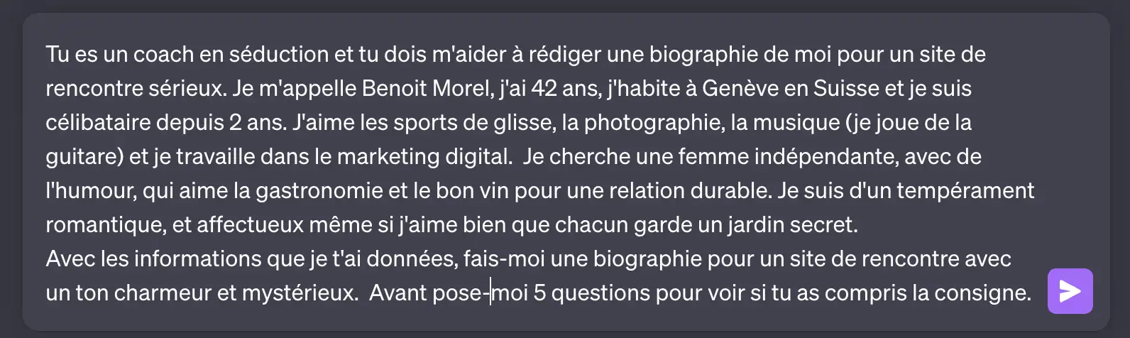 Mon prompt de ChatGPT pour écrire une description de profil pour un site de rencontres